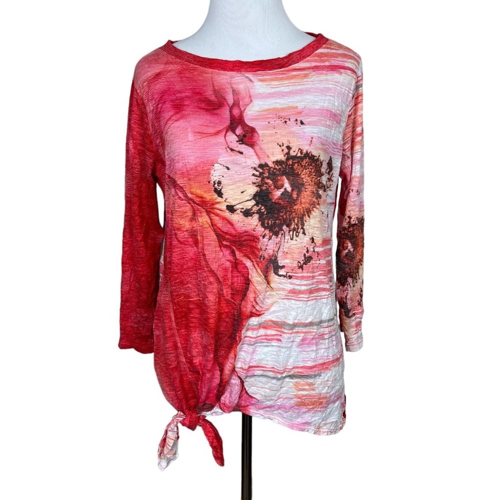 David Cline Top Women Medium Pink Crinkle‎ Textured Tie Hem Abstract Art To Wear